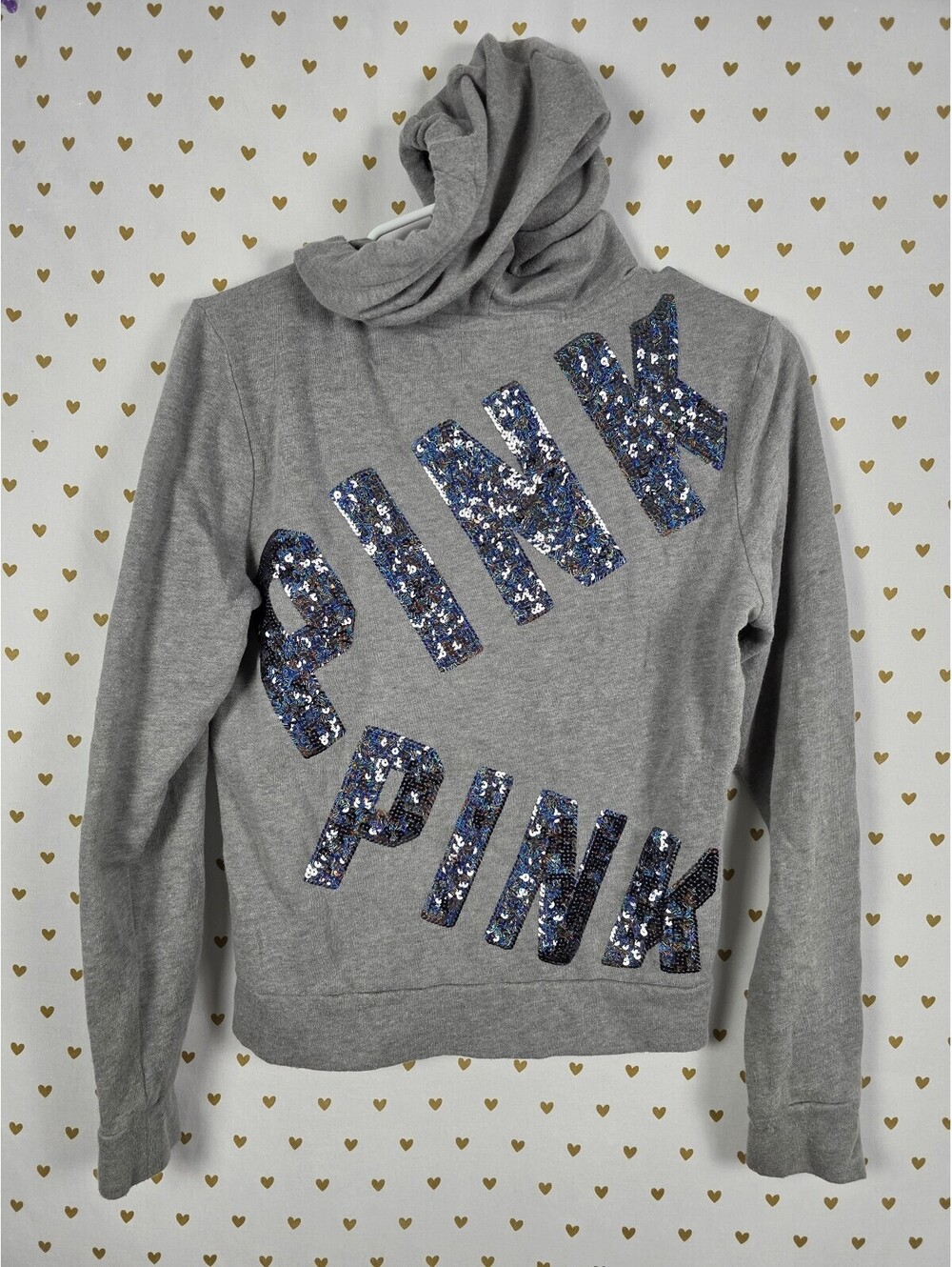 Victorias Secret Pink BLING SEQUIN Logo Full Zip Grey Hoodie Jacket XS